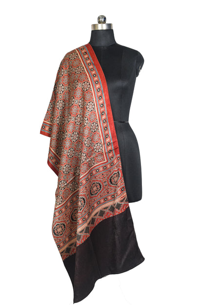 Ajrakh Mashru Silk Natural Dye Three Colour Print ( 3 Kam ) Screen Print Hand Printed Stole  - 2.1 Mtr Length    -  SKU : JH02C01M