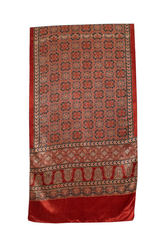 Ajrakh Mashru Silk Natural Dye Screen Print Hand Printed Stole With Tassels     -  SKU : ID06702A