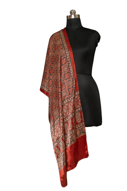 Ajrakh Mashru Silk Natural Dye Screen Print Hand Printed Stole With Tassels     -  SKU : ID06702A