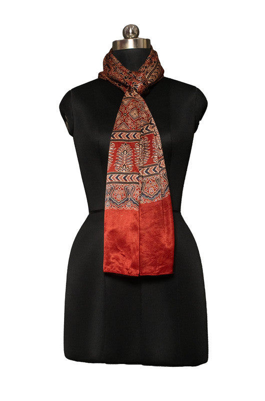 Ajrakh Mashru Silk Natural Dye Screen Print Hand Printed Stole With Tassels     -  SKU : ID06702A