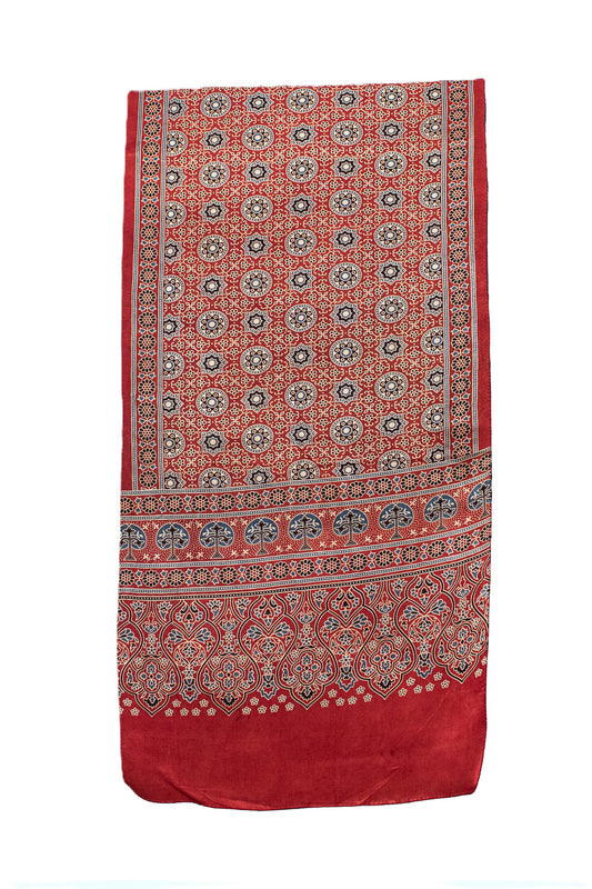 Ajrakh Mashru Silk Natural Dye Screen Print Hand Printed Stole  - 2.1 Mtr Length    -  SKU : ID10A02A