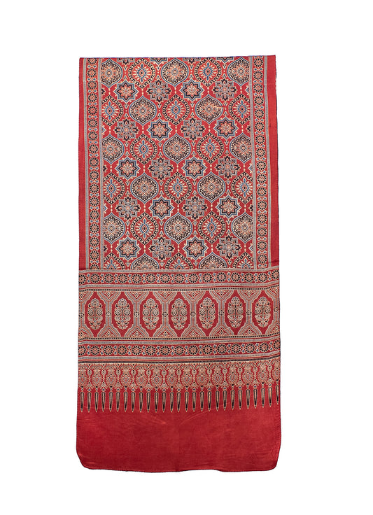 Ajrakh Mashru Silk Natural Dye Screen Print Hand Printed Stole  - 2.1 Mtr Length    -  SKU : ID10A02E