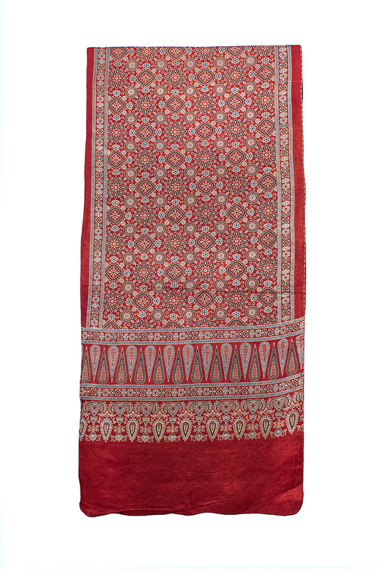 Ajrakh Mashru Silk Natural Dye Screen Print Hand Printed Stole  - 2.1 Mtr Length    -  SKU : ID10A02I