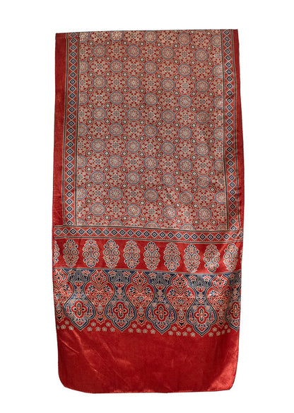 Ajrakh Mashru Silk Natural Dye Screen Print Hand Printed Stole With Tassels     -  SKU : ID22701C