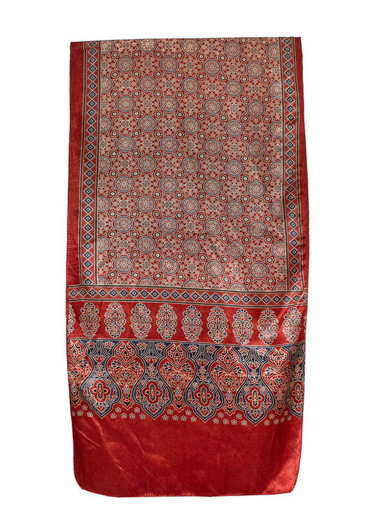 Ajrakh Mashru Silk Natural Dye Screen Print Hand Printed Stole With Tassels     -  SKU : ID22701C