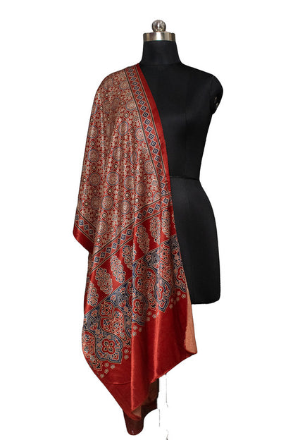 Ajrakh Mashru Silk Natural Dye Screen Print Hand Printed Stole With Tassels     -  SKU : ID22701C