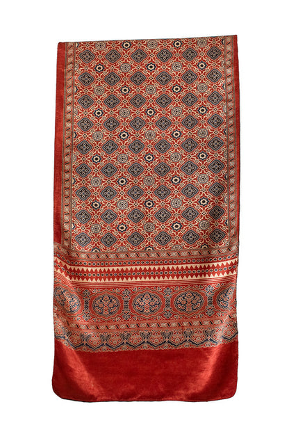 Ajrakh Mashru Silk Natural Dye Screen Print Hand Printed Stole With Tassels     -  SKU : ID22701J