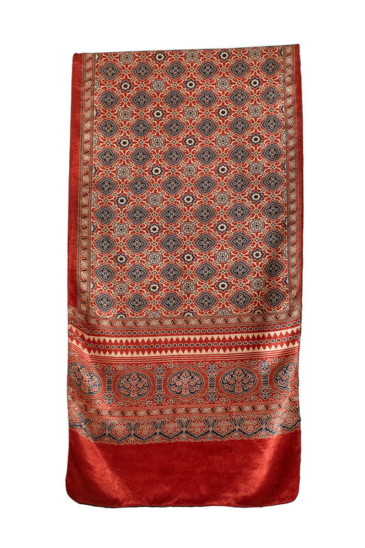 Ajrakh Mashru Silk Natural Dye Screen Print Hand Printed Stole With Tassels     -  SKU : ID22701J