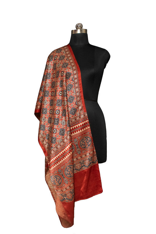 Ajrakh Mashru Silk Natural Dye Screen Print Hand Printed Stole With Tassels     -  SKU : ID22701J