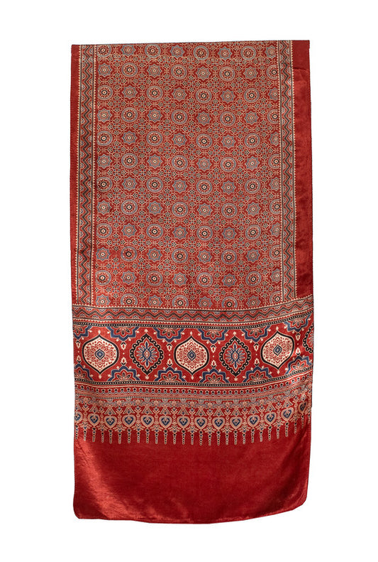 Ajrakh Mashru Silk Natural Dye Screen Print Hand Printed Stole With Tassels     -  SKU : ID22701R