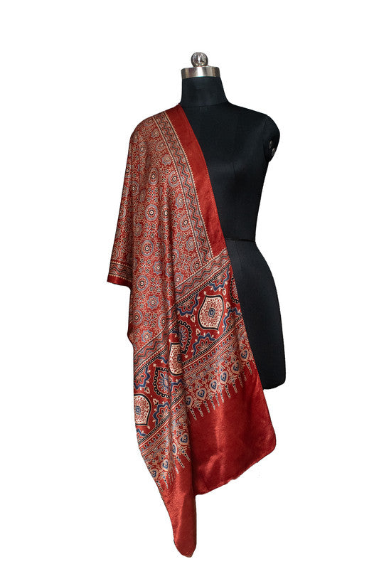 Ajrakh Mashru Silk Natural Dye Screen Print Hand Printed Stole With Tassels     -  SKU : ID22701R