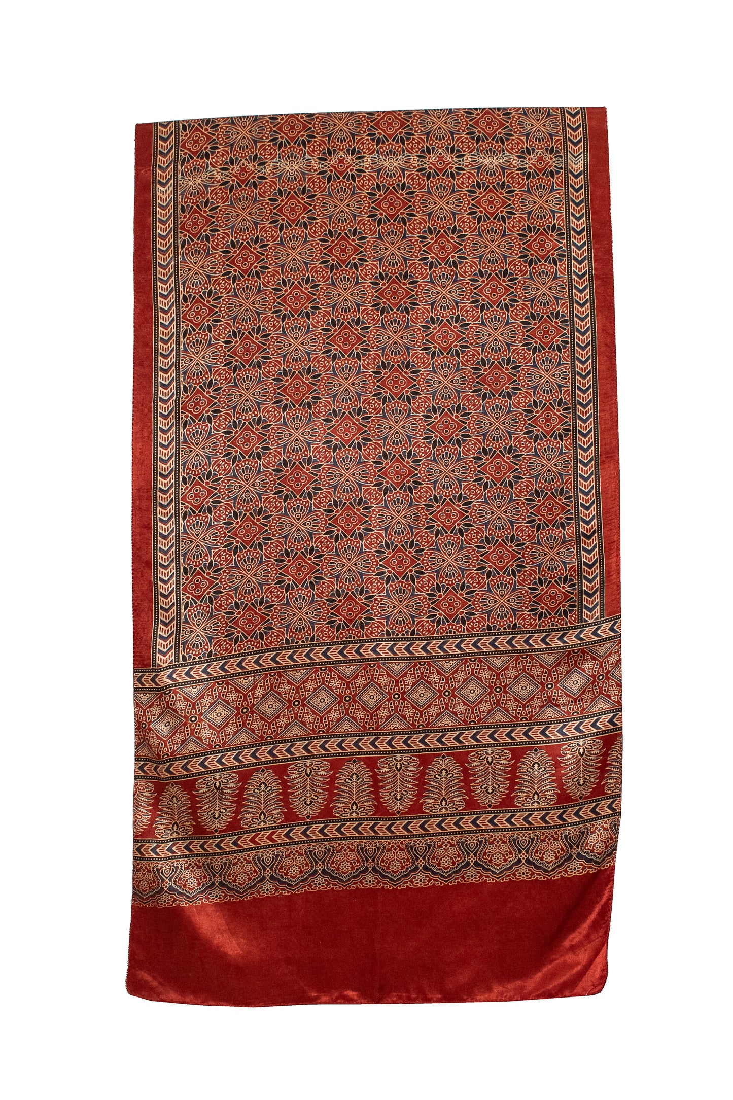 Ajrakh Mashru Silk Natural Dye Screen Print Hand Printed Stole  - 2.1 Mtr Length    -  SKU : ID22701L