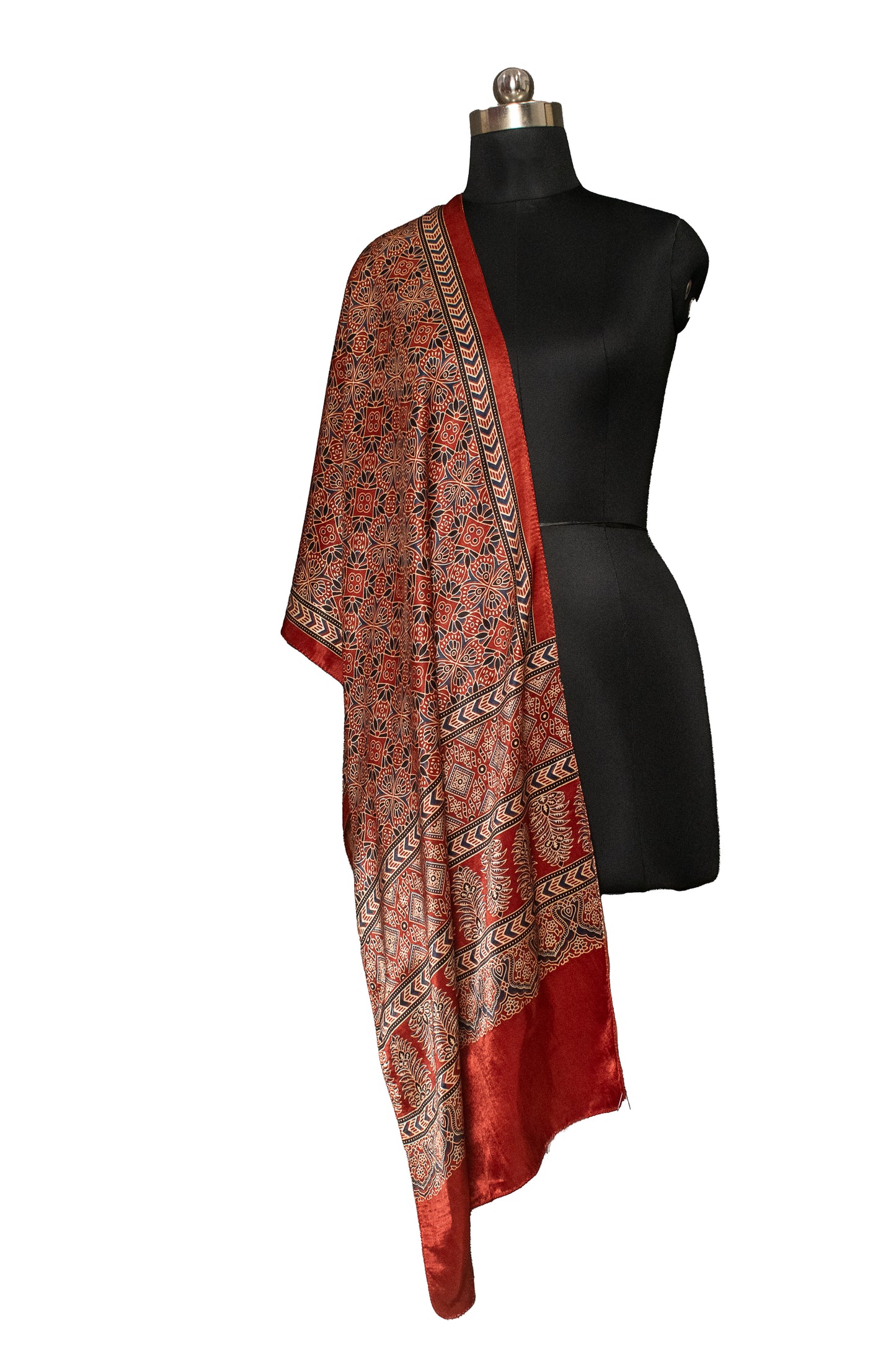 Ajrakh Mashru Silk Natural Dye Screen Print Hand Printed Stole  - 2.1 Mtr Length    -  SKU : ID22701L