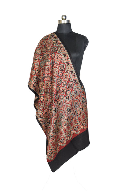 Ajrakh Mashru Silk Natural Dye Three Colour Print ( 3 Kam ) Screen Print Hand Printed Stole  - 2.1 Mtr Length    -  SKU : JH02C01D