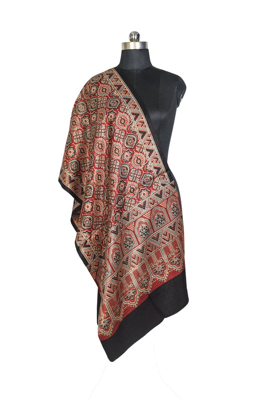 Ajrakh Mashru Silk Natural Dye Three Colour Print ( 3 Kam ) Screen Print Hand Printed Stole  - 2.1 Mtr Length    -  SKU : JH02C01D