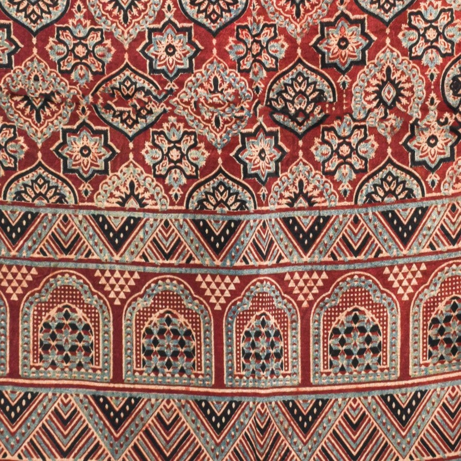 Ajrakh Mashru Silk Natural Dye Three Colour Print ( 3 Kam ) Screen Print Hand Printed Stole  - 2.1 Mtr Length    -  SKU : JH02C01D