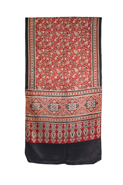 Ajrakh Mashru Silk Natural Dye Three Colour Print ( 3 Kam ) Screen Print Hand Printed Stole  - 2.1 Mtr Length    -  SKU : JH02C01I