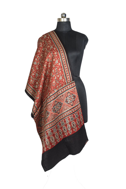Ajrakh Mashru Silk Natural Dye Three Colour Print ( 3 Kam ) Screen Print Hand Printed Stole  - 2.1 Mtr Length    -  SKU : JH02C01I