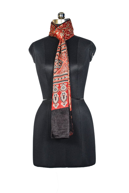 Ajrakh Mashru Silk Natural Dye Three Colour Print ( 3 Kam ) Screen Print Hand Printed Stole  - 2.1 Mtr Length    -  SKU : JH02C01I