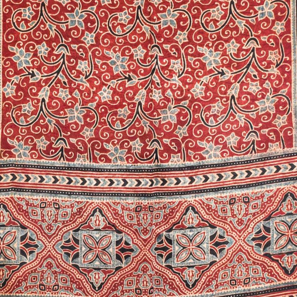 Ajrakh Mashru Silk Natural Dye Three Colour Print ( 3 Kam ) Screen Print Hand Printed Stole  - 2.1 Mtr Length    -  SKU : JH02C01I