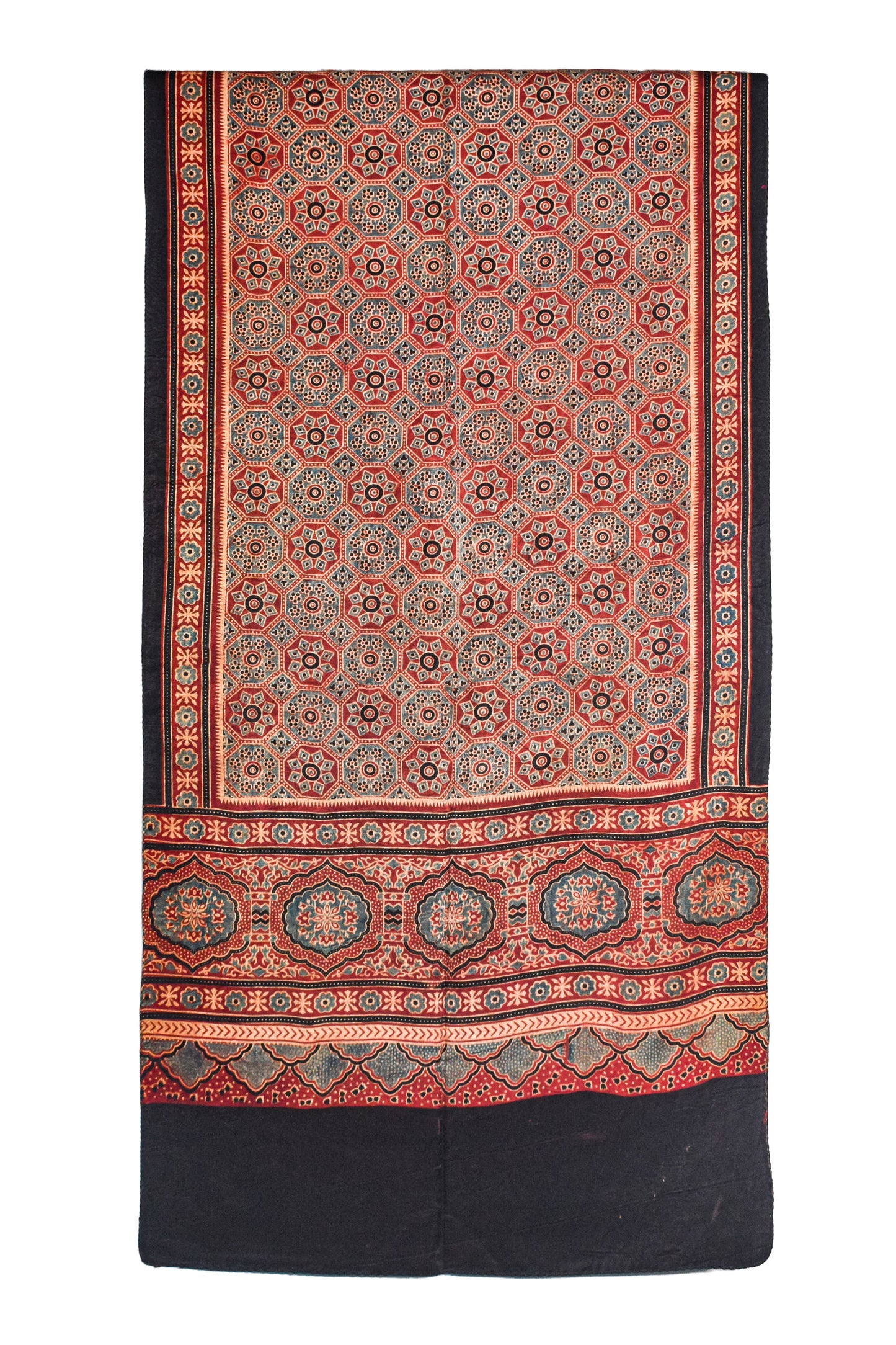 Ajrakh Mashru Silk Natural Dye Three Colour Print ( 3 Kam ) Screen Print Hand Printed Stole  - 2.1 Mtr Length    -  SKU : JH02C01N