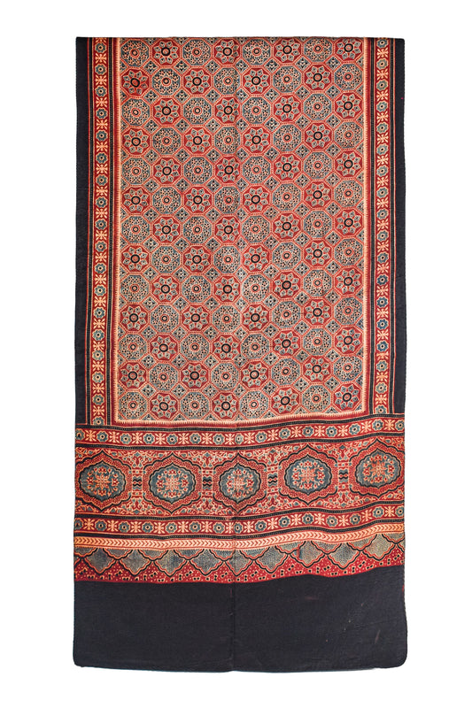 Ajrakh Mashru Silk Natural Dye Three Colour Print ( 3 Kam ) Screen Print Hand Printed Stole  - 2.1 Mtr Length    -  SKU : JH02C01N
