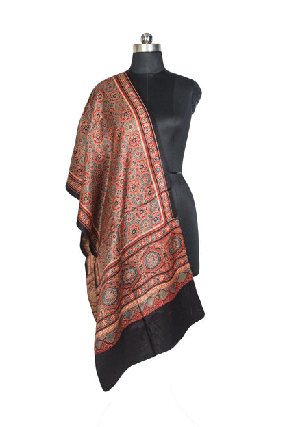 Ajrakh Mashru Silk Natural Dye Three Colour Print ( 3 Kam ) Screen Print Hand Printed Stole  - 2.1 Mtr Length    -  SKU : JH02C01N