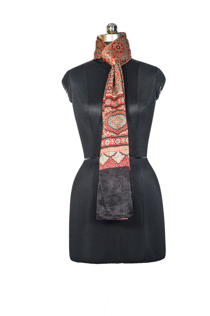 Ajrakh Mashru Silk Natural Dye Three Colour Print ( 3 Kam ) Screen Print Hand Printed Stole  - 2.1 Mtr Length    -  SKU : JH02C01N