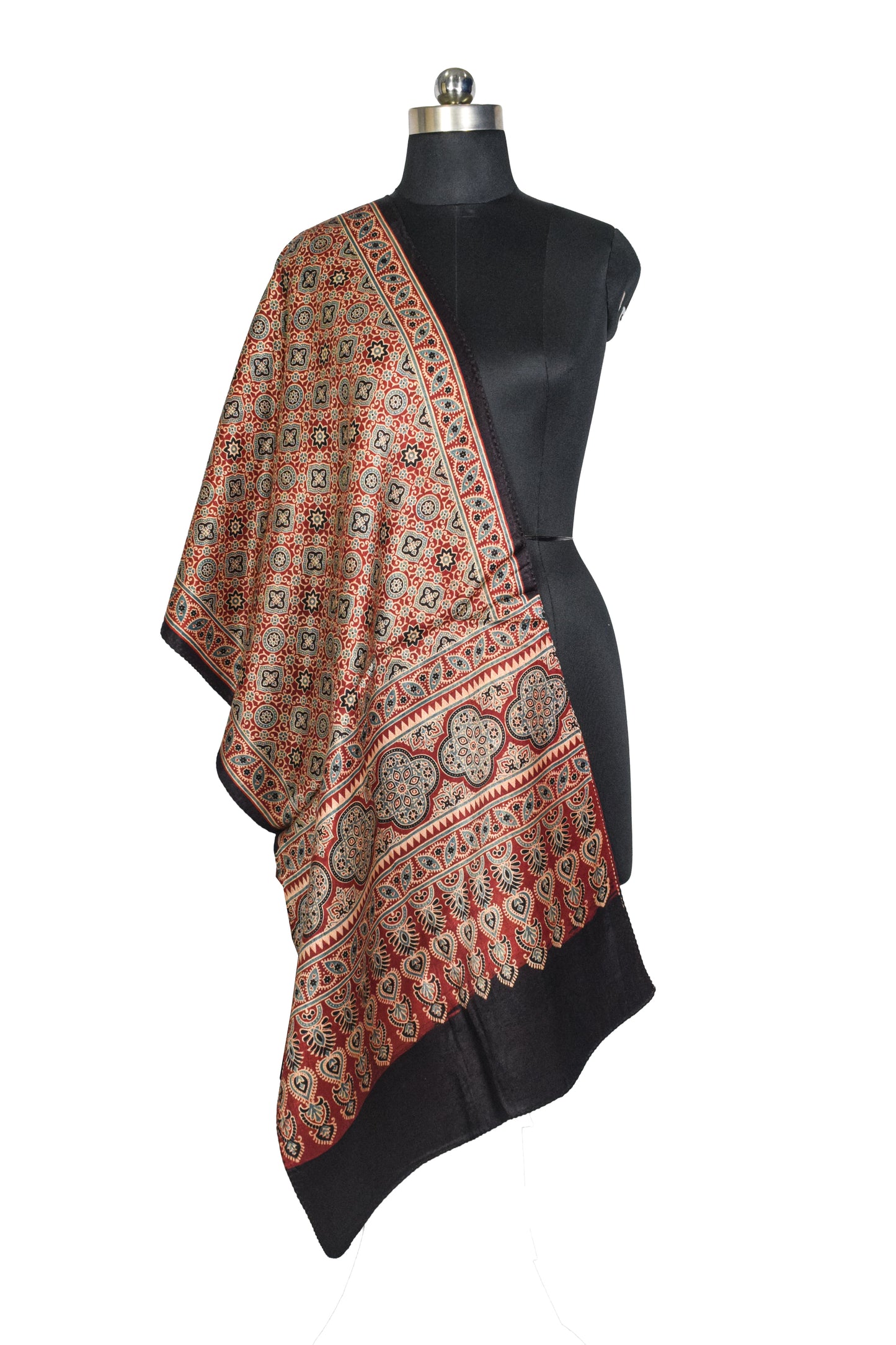 Ajrakh Mashru Silk Natural Dye Three Colour Print ( 3 Kam ) Screen Print Hand Printed Stole  - 2.1 Mtr Length    -  SKU : JH02C01S