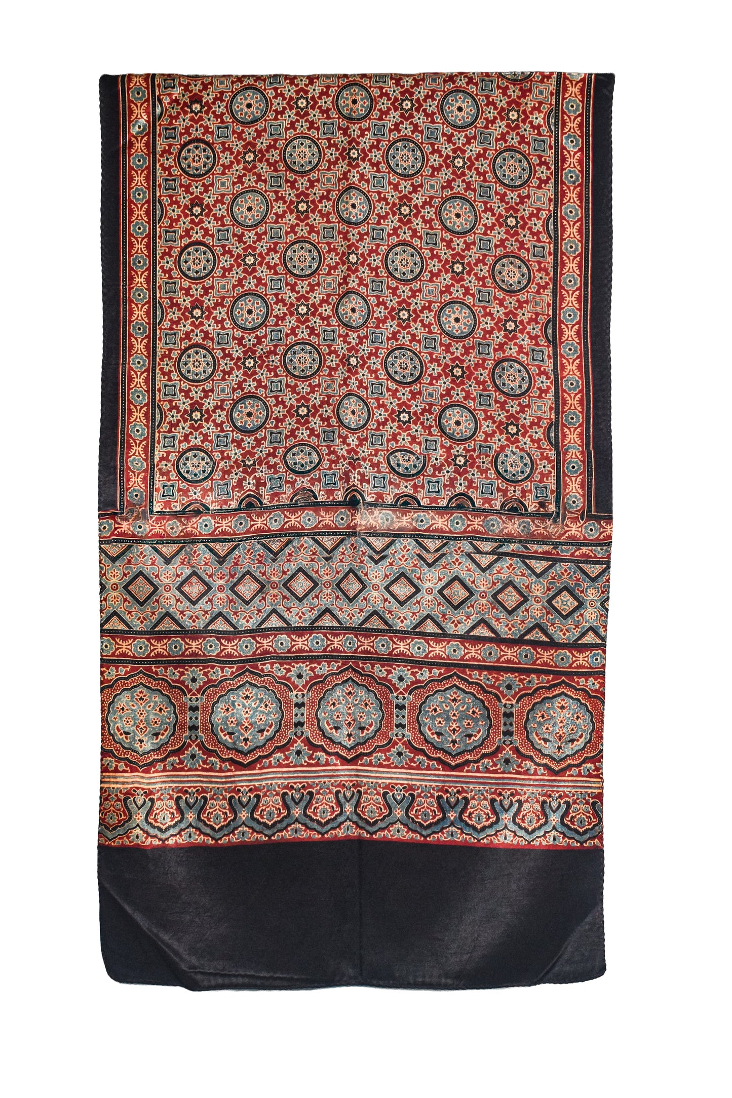 Ajrakh Mashru Silk Natural Dye Three Colour Print ( 3 Kam ) Screen Print Hand Printed Stole  - 2.1 Mtr Length    -  SKU : JH02C0AB