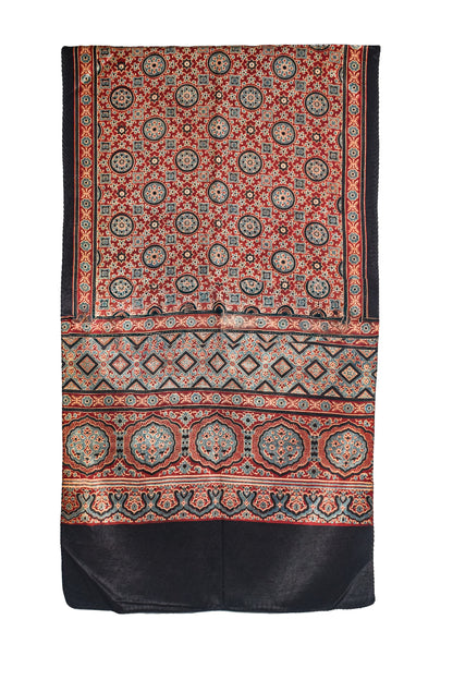 Ajrakh Mashru Silk Natural Dye Three Colour Print ( 3 Kam ) Screen Print Hand Printed Stole  - 2.1 Mtr Length    -  SKU : JH02C0AB