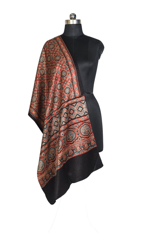 Ajrakh Mashru Silk Natural Dye Three Colour Print ( 3 Kam ) Screen Print Hand Printed Stole  - 2.1 Mtr Length    -  SKU : JH02C0AB