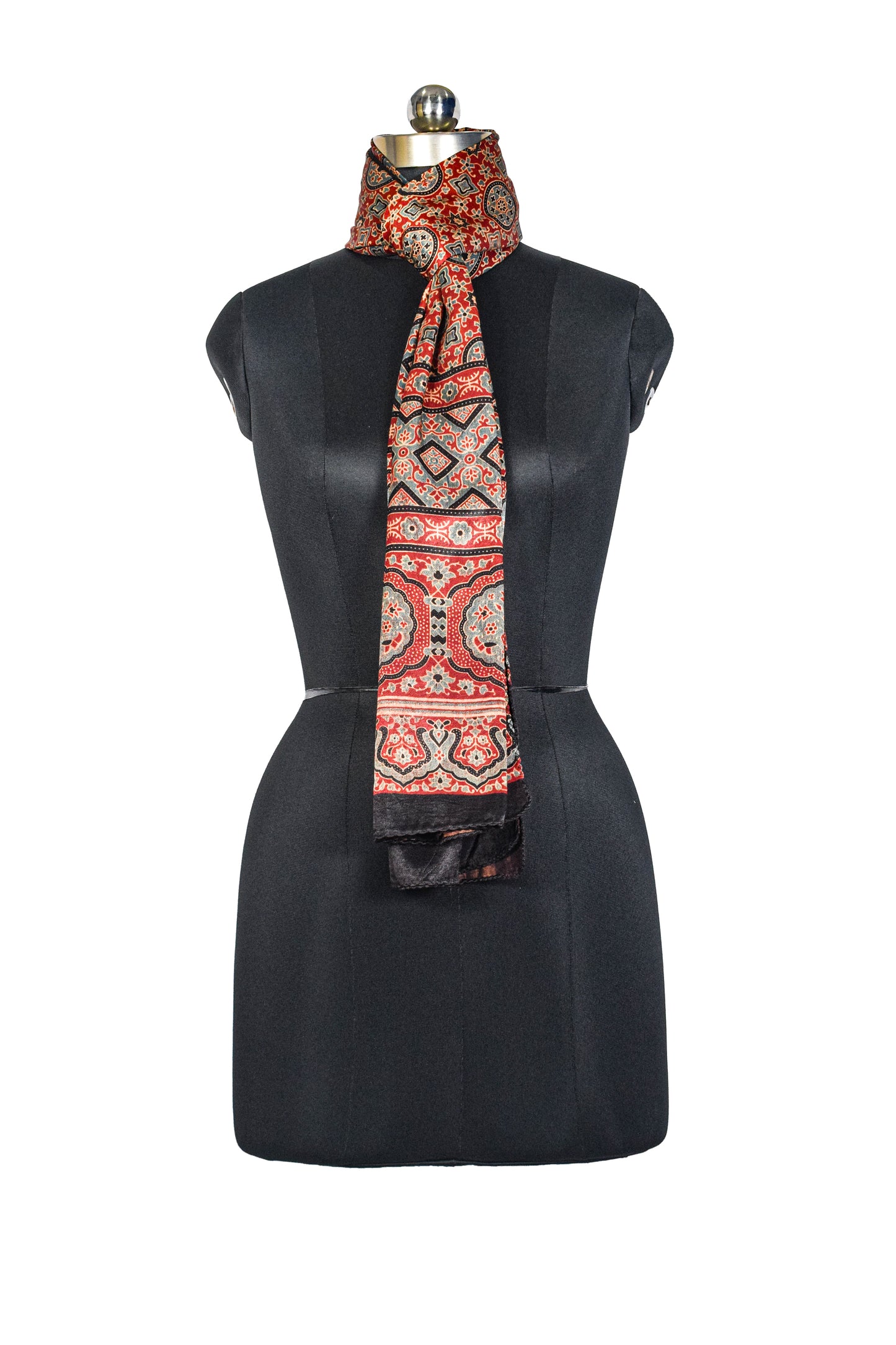 Ajrakh Mashru Silk Natural Dye Three Colour Print ( 3 Kam ) Screen Print Hand Printed Stole  - 2.1 Mtr Length    -  SKU : JH02C0AB