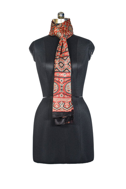 Ajrakh Mashru Silk Natural Dye Three Colour Print ( 3 Kam ) Screen Print Hand Printed Stole  - 2.1 Mtr Length    -  SKU : JH02C0AB