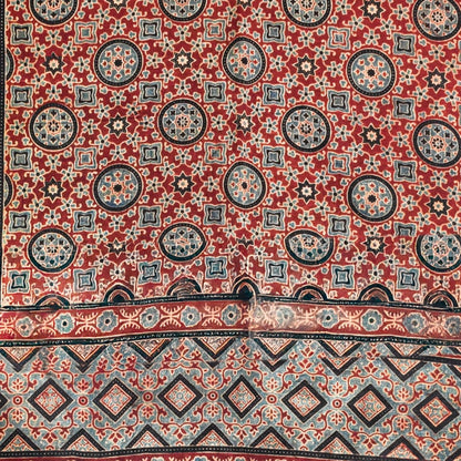 Ajrakh Mashru Silk Natural Dye Three Colour Print ( 3 Kam ) Screen Print Hand Printed Stole  - 2.1 Mtr Length    -  SKU : JH02C0AB