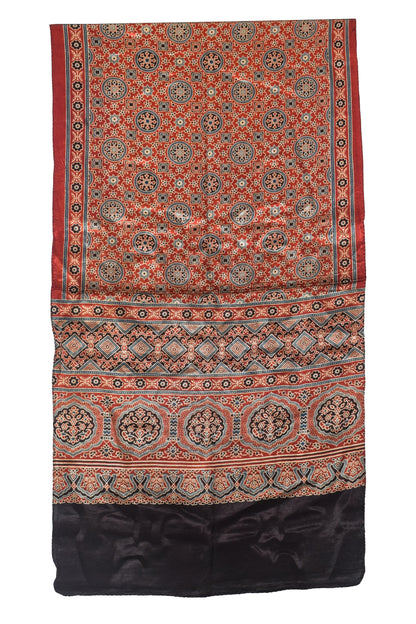 Ajrakh Mashru Silk Natural Dye Three Colour Print | 3 Kam | Screen Print Hand Printed Stole  - 2.1 Mtr Length   -  SKU : JH09A01E