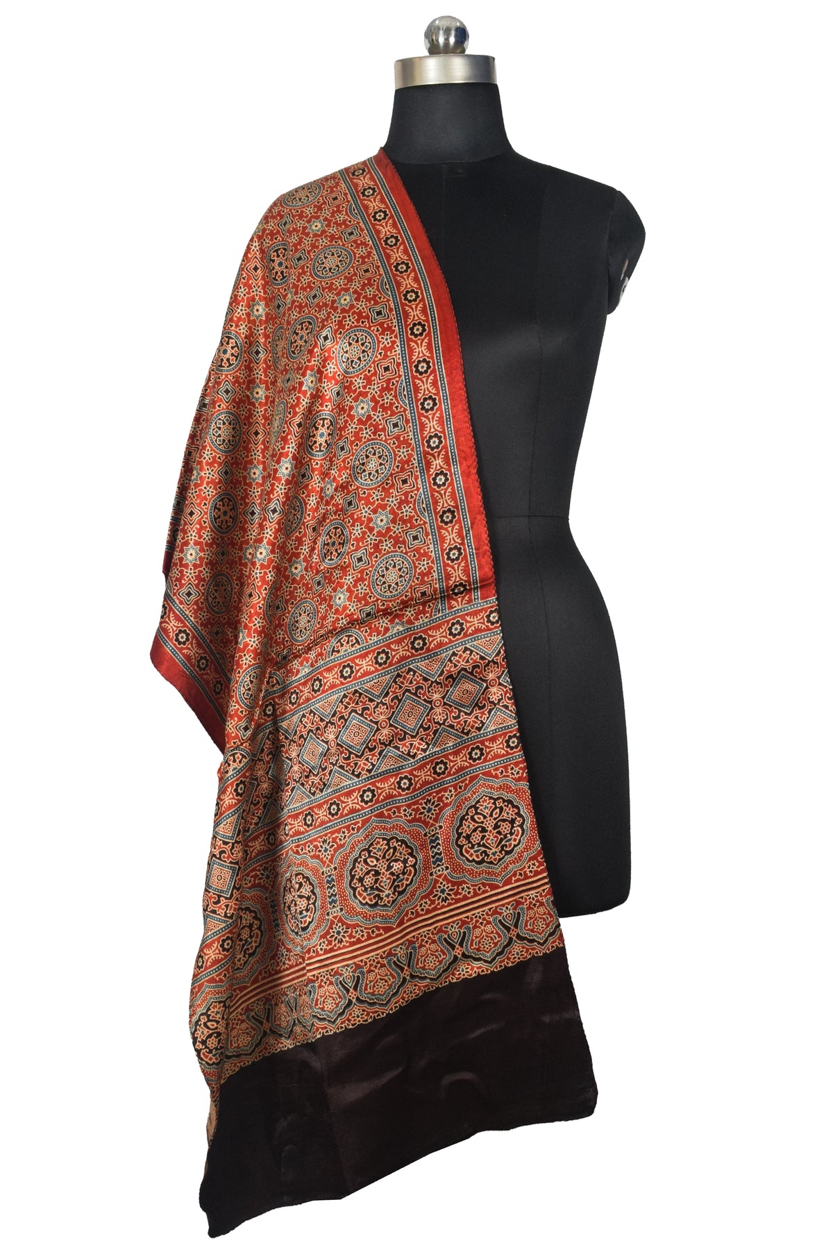 Ajrakh Mashru Silk Natural Dye Three Colour Print | 3 Kam | Screen Print Hand Printed Stole  - 2.1 Mtr Length   -  SKU : JH09A01E