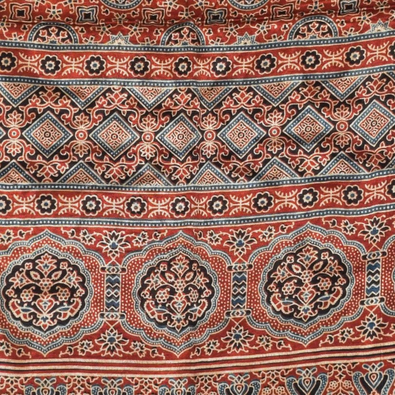Ajrakh Mashru Silk Natural Dye Three Colour Print | 3 Kam | Screen Print Hand Printed Stole  - 2.1 Mtr Length   -  SKU : JH09A01E