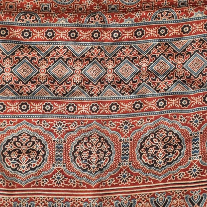 Ajrakh Mashru Silk Natural Dye Three Colour Print | 3 Kam | Screen Print Hand Printed Stole  - 2.1 Mtr Length   -  SKU : JH09A01E