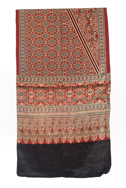 Ajrakh Mashru Silk Natural Dye Three Colour Print | 3 Kam | Screen Print Hand Printed Stole  - 2.1 Mtr Length   -  SKU : JH09A01G