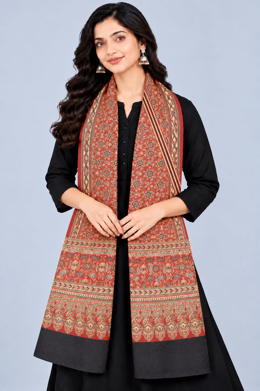 Ajrakh Mashru Silk Natural Dye Three Colour Print | 3 Kam | Screen Print Hand Printed Stole  - 2.1 Mtr Length   -  SKU : JH09A01G