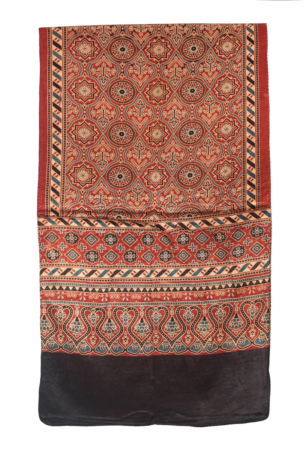 Ajrakh Mashru Silk Natural Dye Three Colour Print | 3 Kam | Screen Print Hand Printed Stole  - 2.1 Mtr Length   -  SKU : JH09A01L