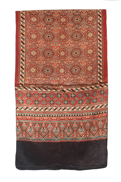 Ajrakh Mashru Silk Natural Dye Three Colour Print | 3 Kam | Screen Print Hand Printed Stole  - 2.1 Mtr Length   -  SKU : JH09A01L