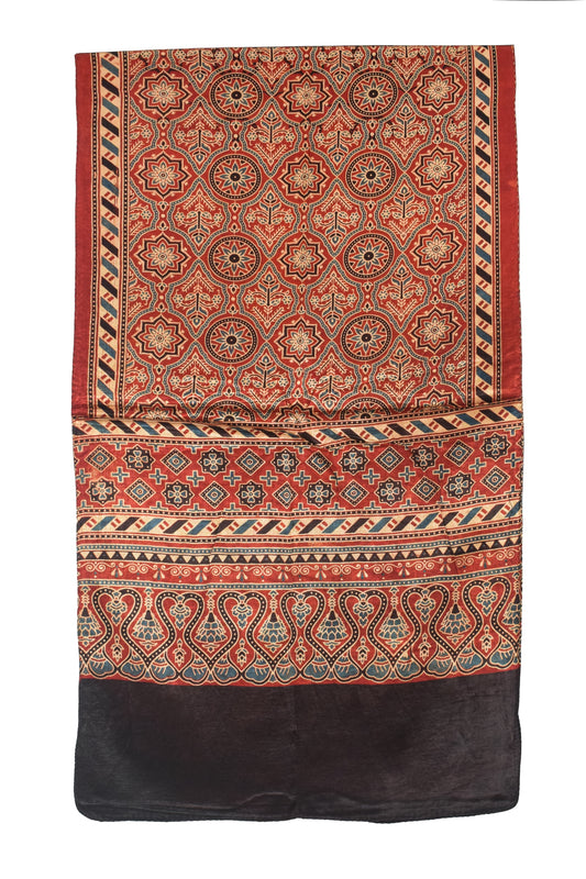 Ajrakh Mashru Silk Natural Dye Three Colour Print | 3 Kam | Screen Print Hand Printed Stole  - 2.1 Mtr Length   -  SKU : JH09A01L
