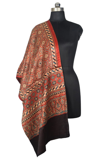 Ajrakh Mashru Silk Natural Dye Three Colour Print | 3 Kam | Screen Print Hand Printed Stole  - 2.1 Mtr Length   -  SKU : JH09A01L