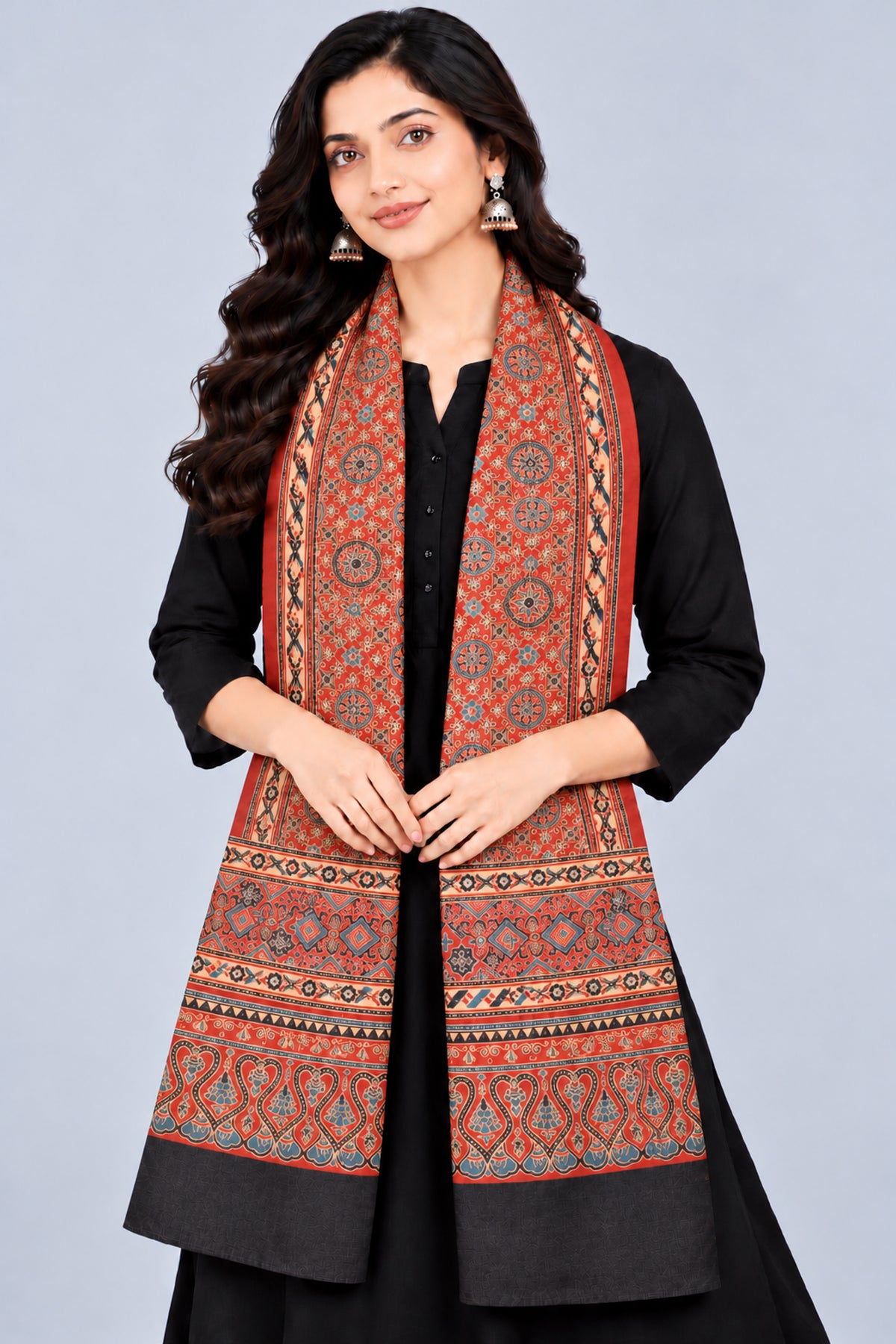 Ajrakh Mashru Silk Natural Dye Three Colour Print | 3 Kam | Screen Print Hand Printed Stole  - 2.1 Mtr Length   -  SKU : JH09A01L