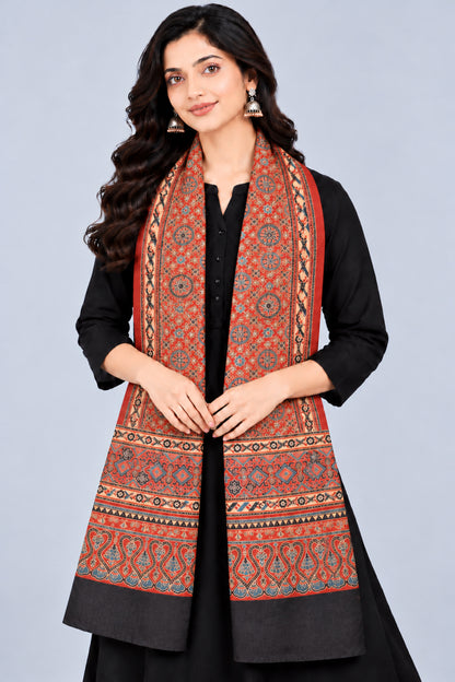 Ajrakh Mashru Silk Natural Dye Three Colour Print | 3 Kam | Screen Print Hand Printed Stole  - 2.1 Mtr Length   -  SKU : JH09A01L