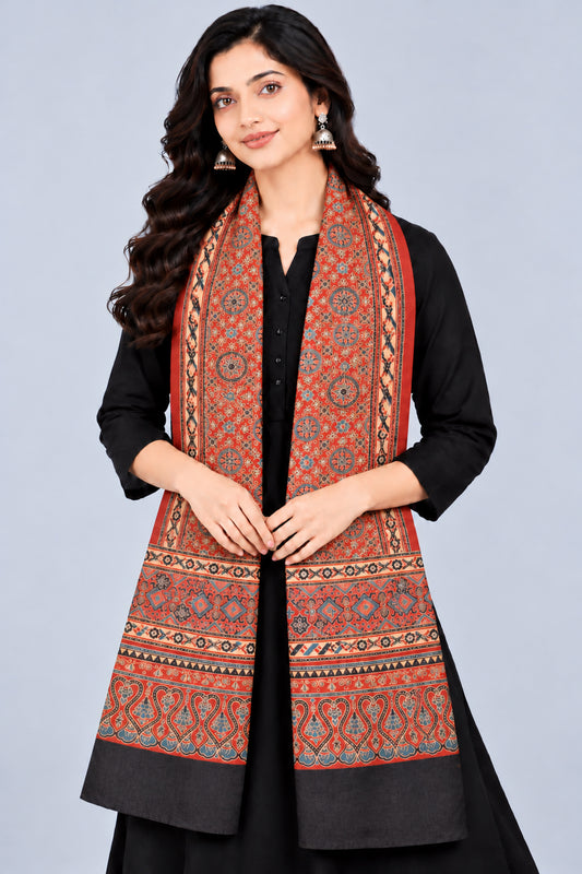 Ajrakh Mashru Silk Natural Dye Three Colour Print | 3 Kam | Screen Print Hand Printed Stole  - 2.1 Mtr Length   -  SKU : JH09A01L