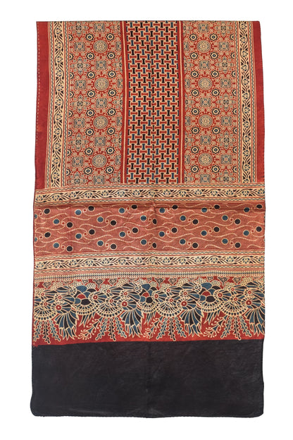 Ajrakh Mashru Silk Natural Dye Three Colour Print | 3 Kam | Screen Print Hand Printed Stole  - 2.1 Mtr Length   -  SKU : JH09A01Q