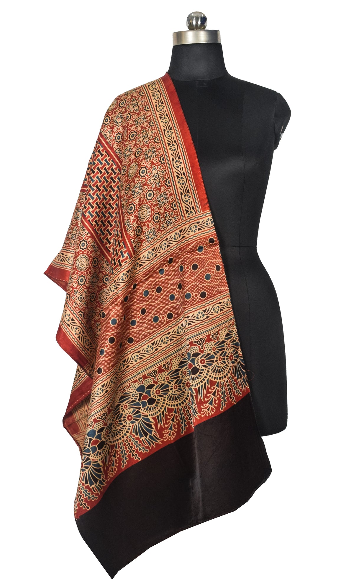 Ajrakh Mashru Silk Natural Dye Three Colour Print | 3 Kam | Screen Print Hand Printed Stole  - 2.1 Mtr Length   -  SKU : JH09A01Q